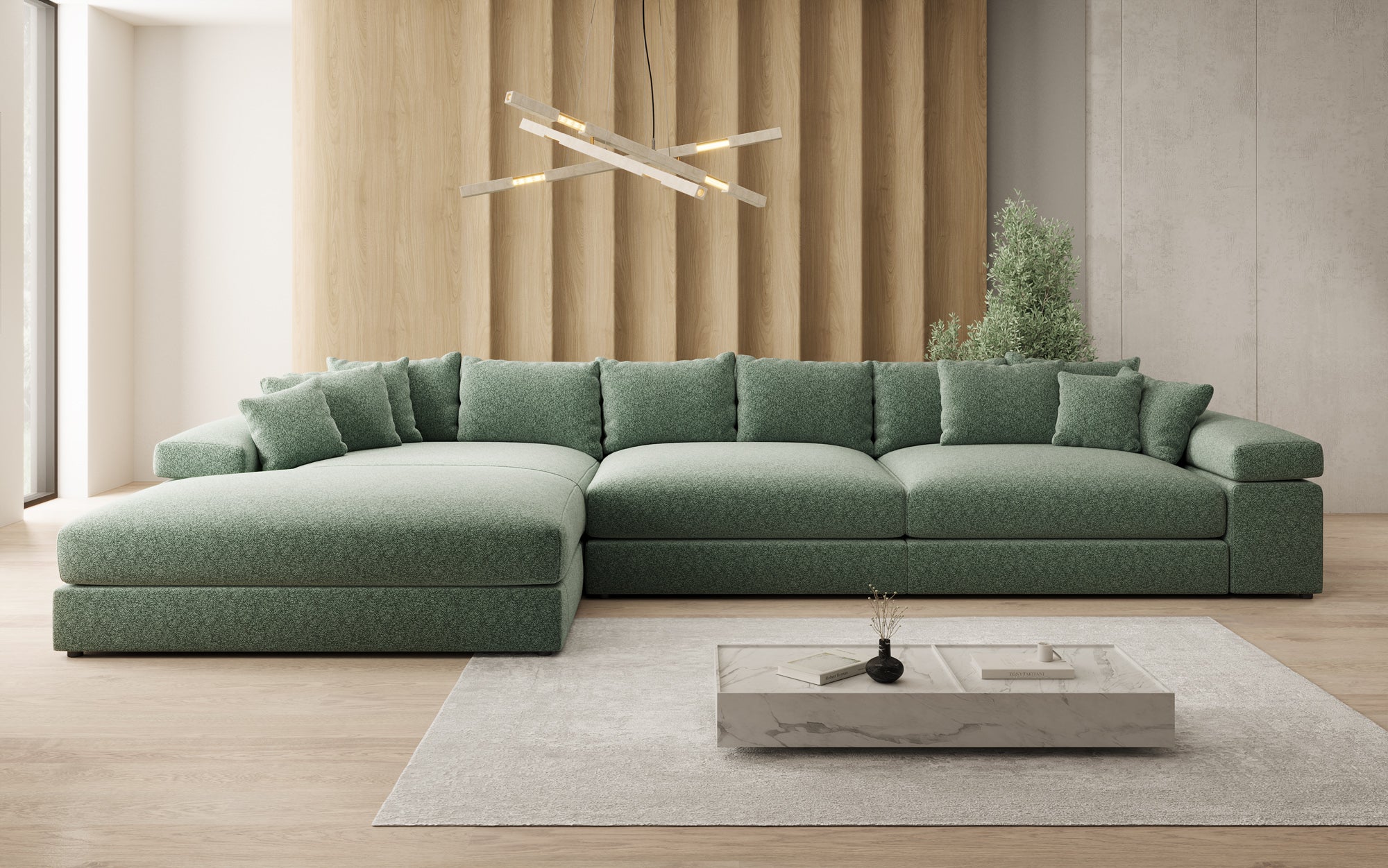 Designer Sofa Bernardo L Maxi mit breiter Ottomane in Strukturstoff