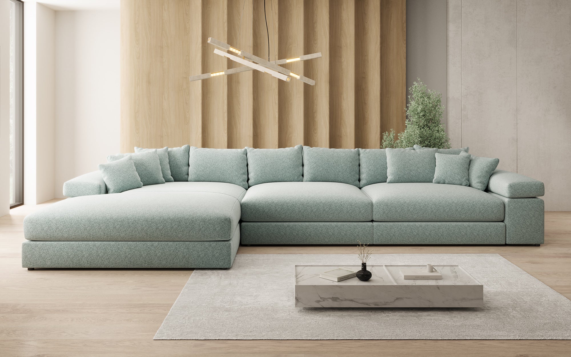 Designer Sofa Bernardo L Maxi mit breiter Ottomane in Strukturstoff