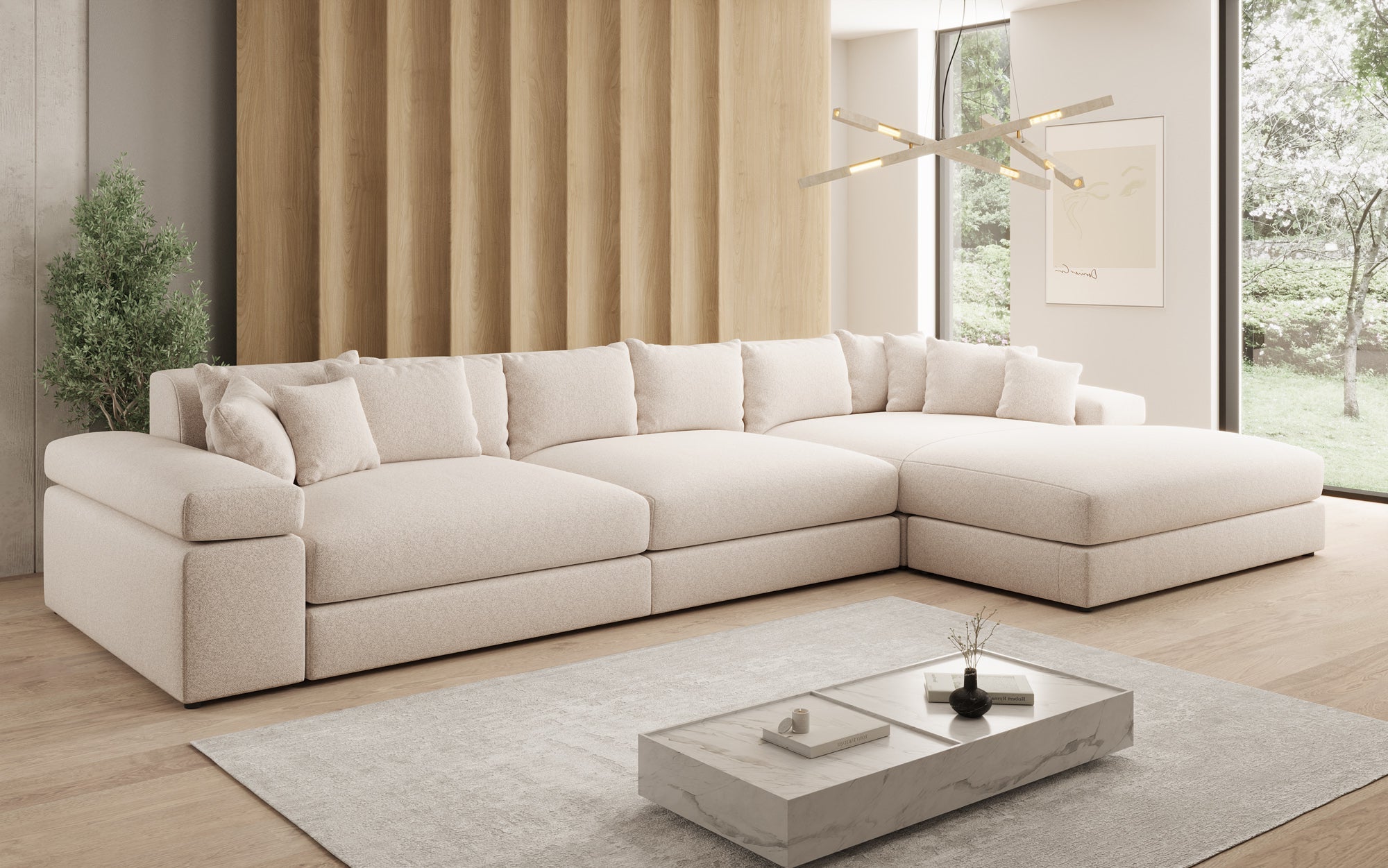 Designer Sofa Bernardo L Maxi mit breiter Ottomane in Strukturstoff
