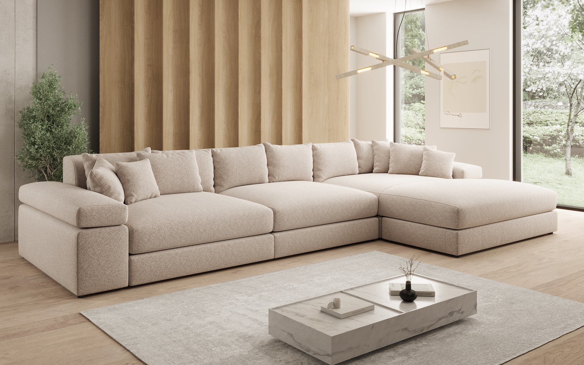 Designer Sofa Bernardo L Maxi mit breiter Ottomane in Strukturstoff