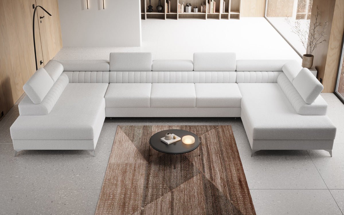 Designer Sofa Aurea U XXL mit Schlaf- und Klappfunktion in Bouclé