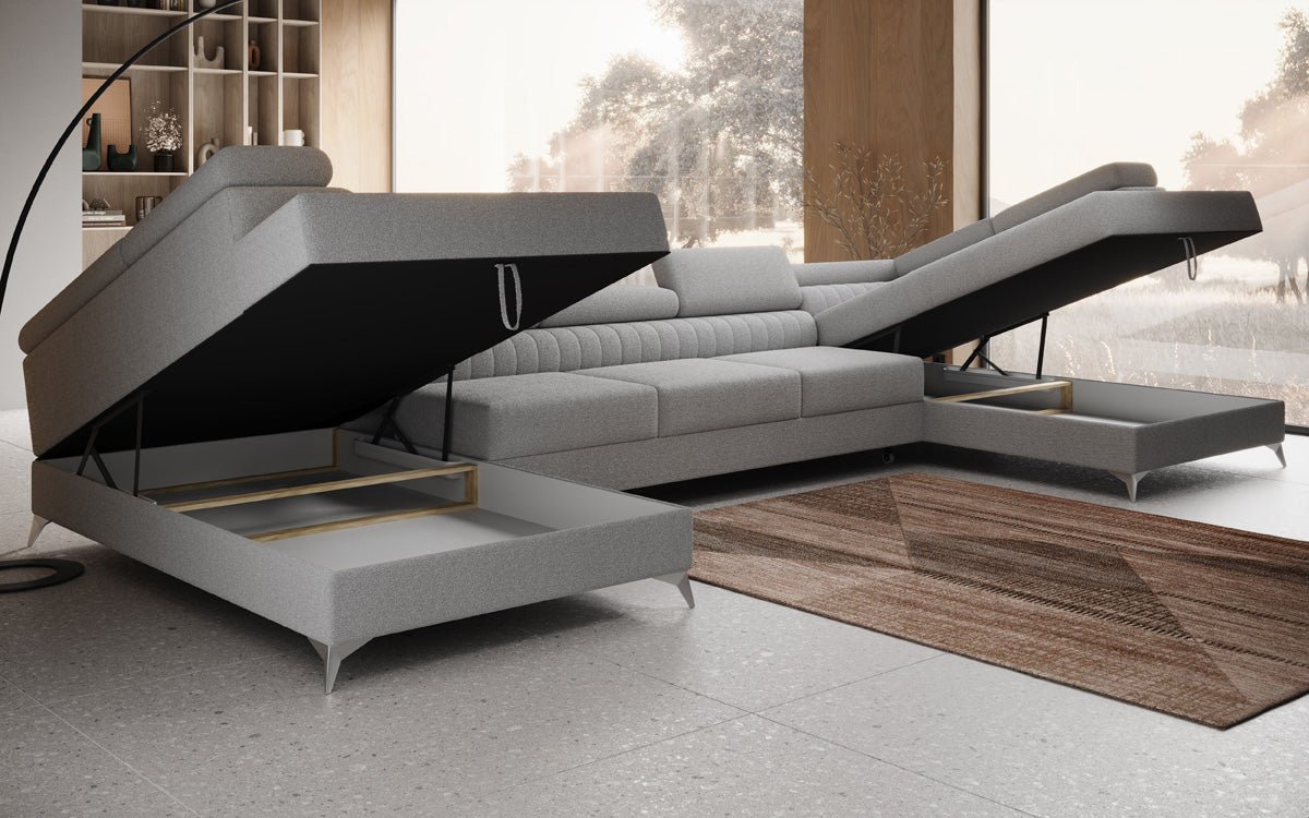 Designer Sofa Aurea U XXL mit Schlaf- und Klappfunktion in Bouclé