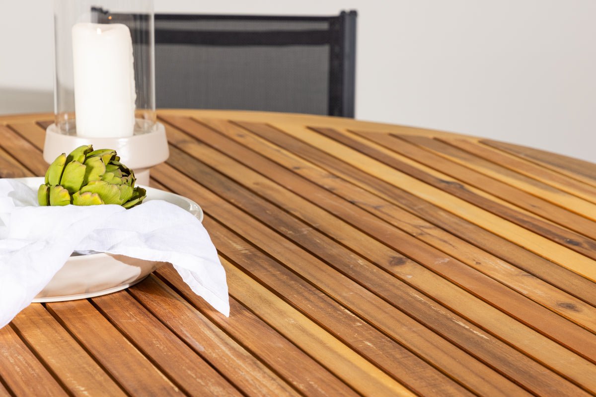 Garten Essgruppe Sona – 7-teiliges Gartenmöbel-Set mit schwarzen Stühlen und Tisch aus Akazie