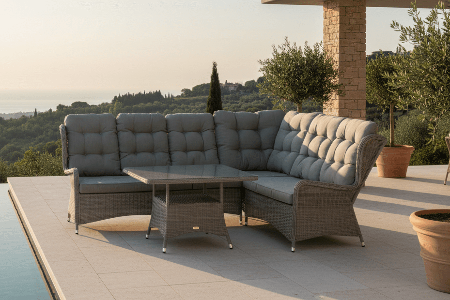 Garten Loungeset Samui – aus Aluminium & Polyrattan mit Glas-Couchtisch