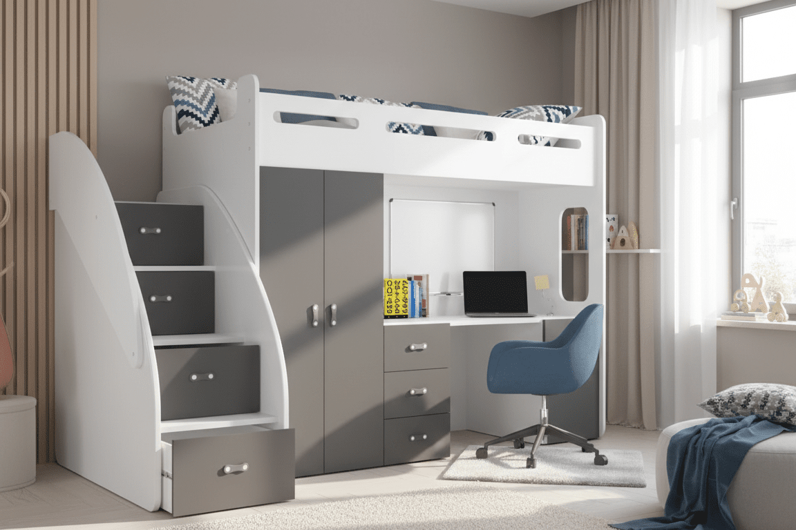 Kinderhochbett Study - mit Schreibtisch, viel Stauraum & Matratze