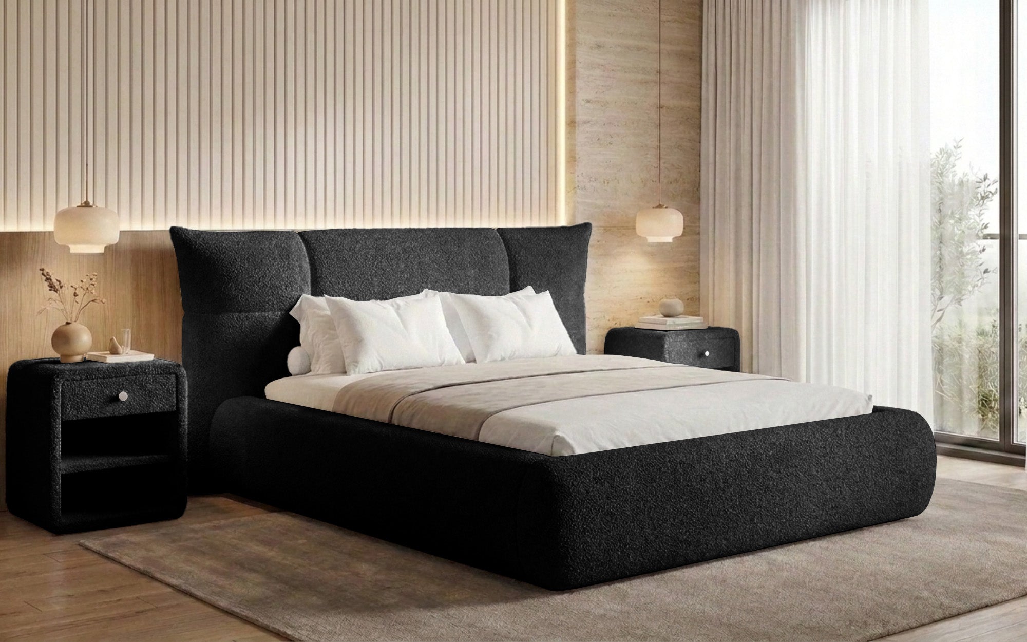Designer Polsterbett Gioia in Teddy Bouclé mit Stauraum