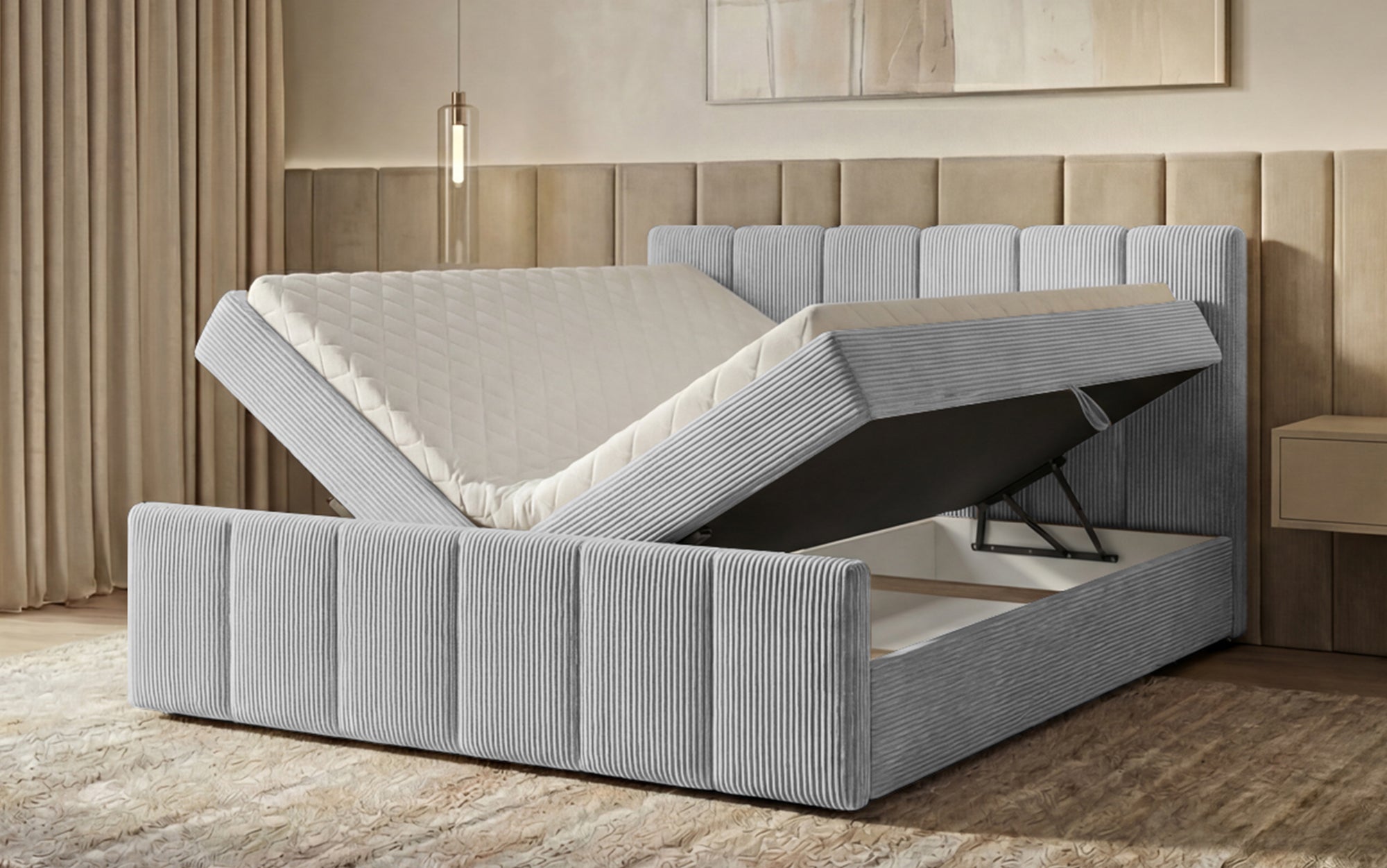 Boxspringbett Siena mit hochklappbarem Stauraum in Cord