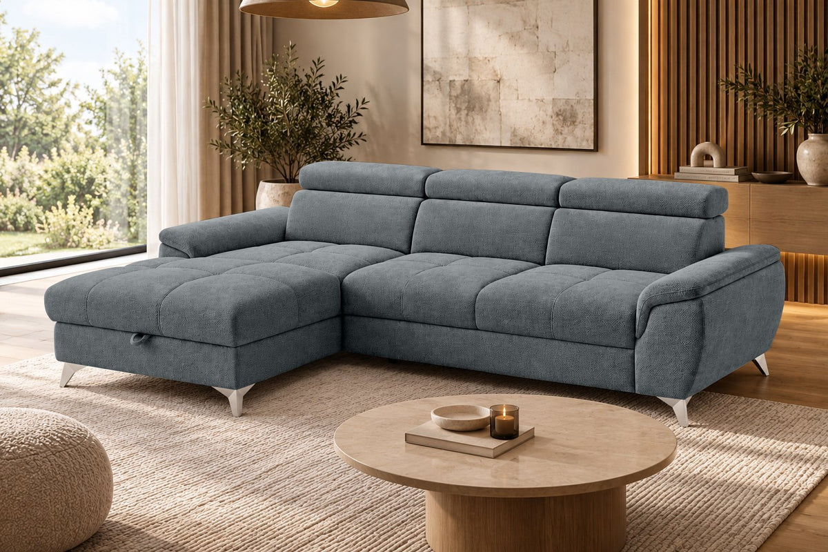 Ecksofa Luno in Strukturstoff Grau, Ottomane links – Wohnansicht