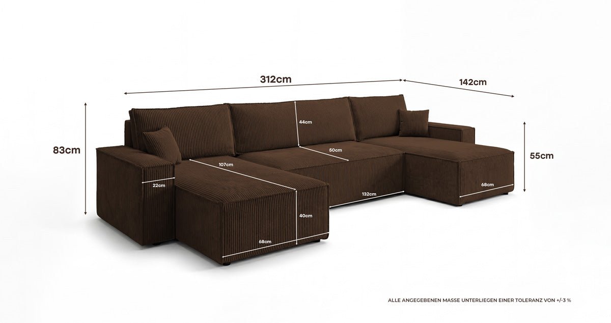 Designer Sofa Lunaro U Mini mit Schlaffunktion und Stauraum in Cord