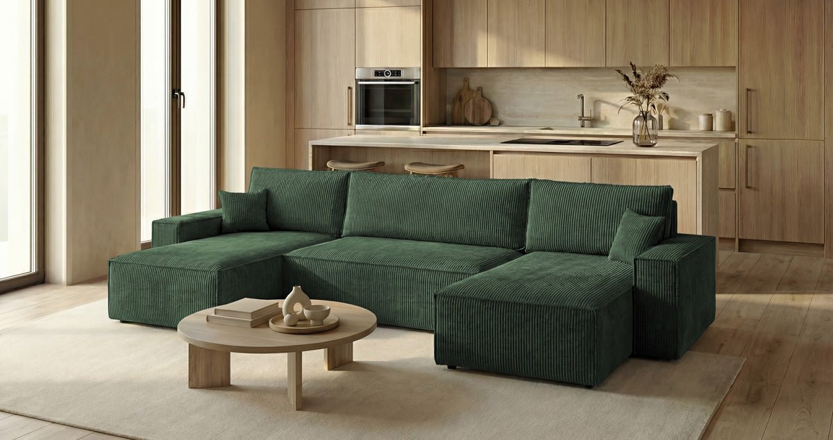 Designer Sofa Lunaro U Mini mit Schlaffunktion und Stauraum in Cord