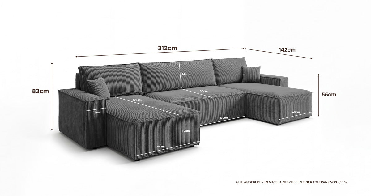 Designer Sofa Lunaro U Mini mit Schlaffunktion und Stauraum in Cord