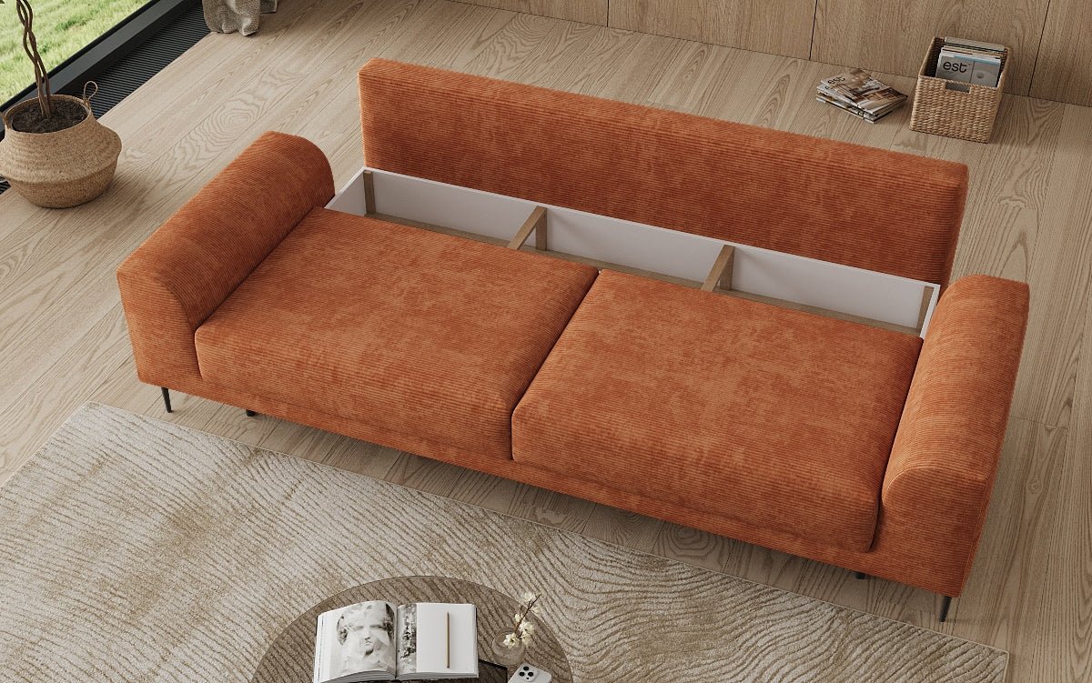 Designer 3 Sitzer Sofa Bloom in Cord mit Schlaffunktion und Stauraum