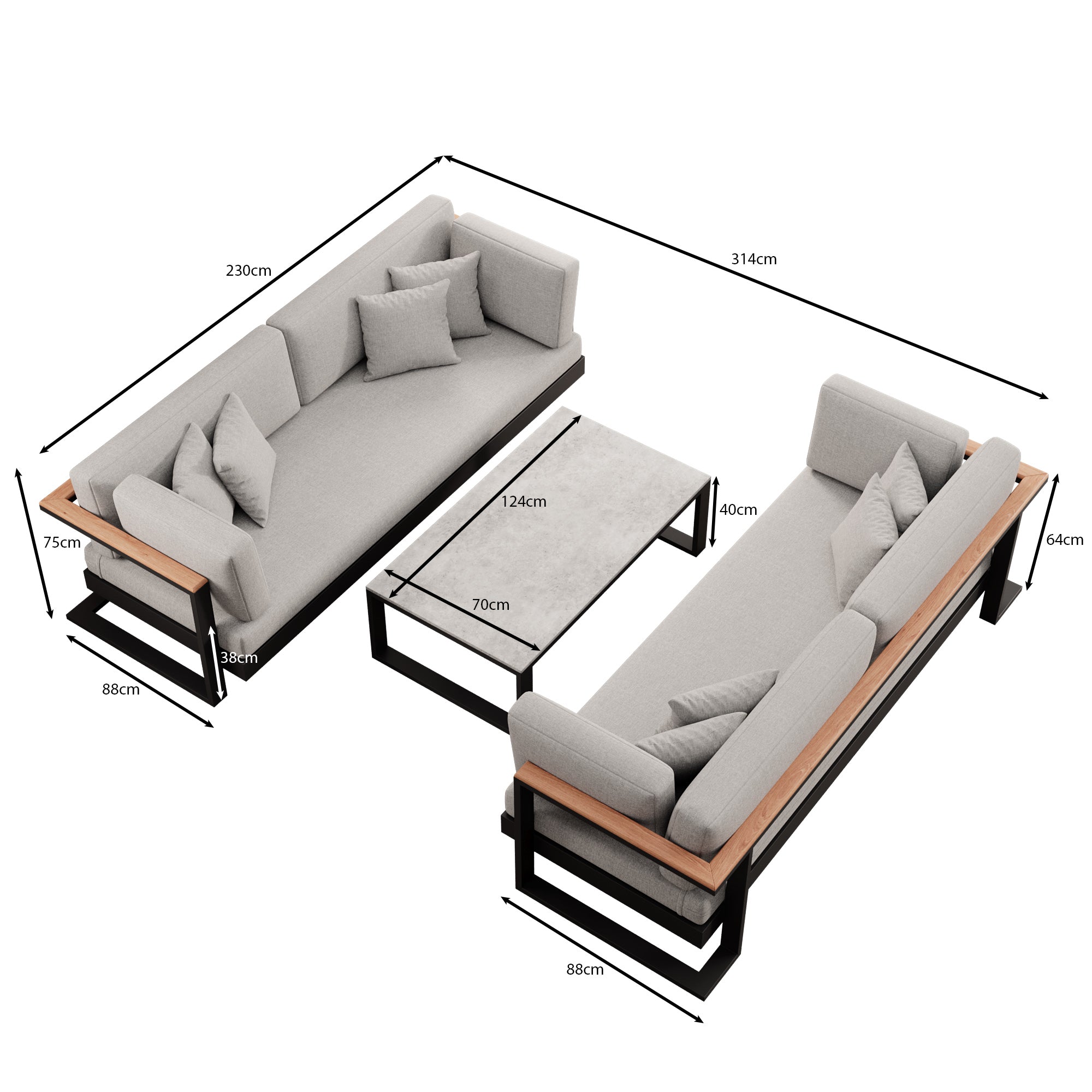 Vayla – 2 Zweisitzer & Tisch aus schwarzem Aluminium | Aevora™ Kollektion