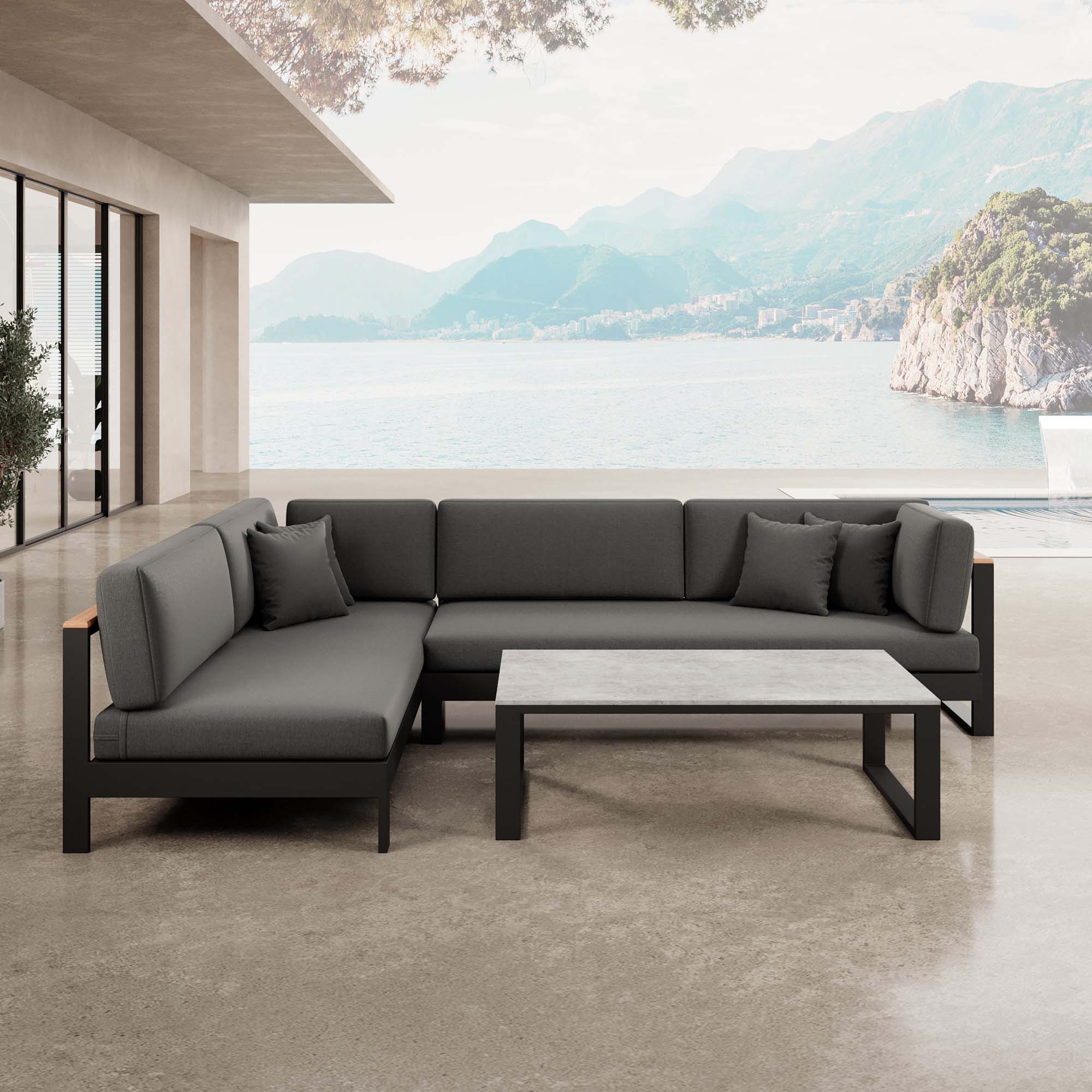 Vayla – Ecklounge, Ecksofa & Tisch aus schwarzem Aluminium | Aevora™ Kollektion