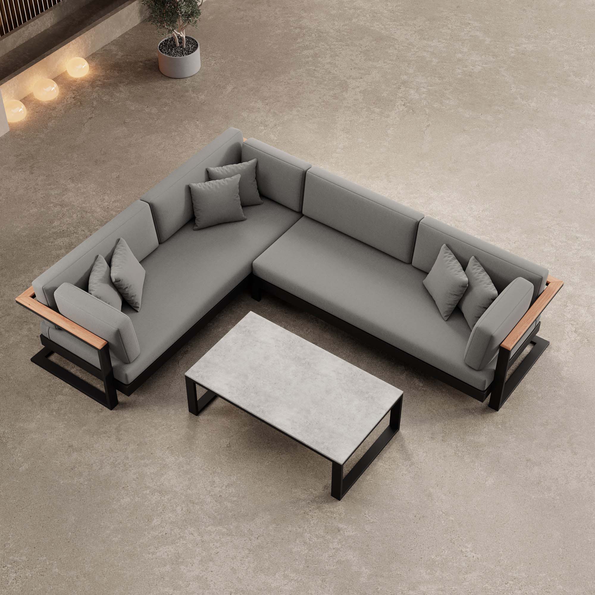 Vayla – L-Form Outdoor Sofa & Tisch in schwarzem Aluminium | Aevora™ Kollektion