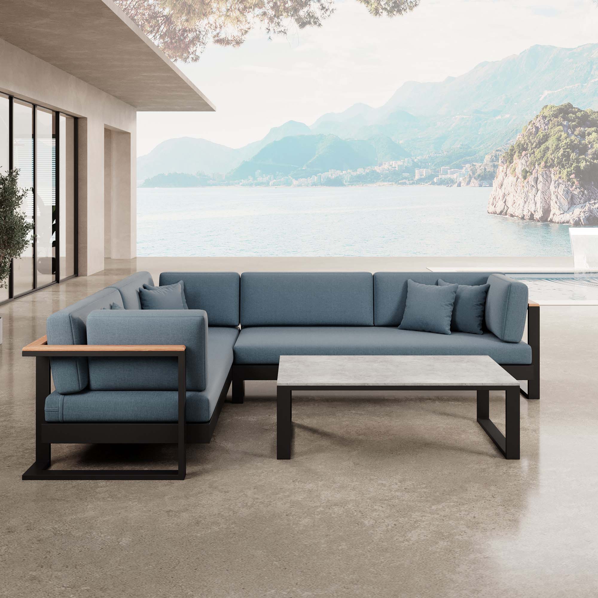 Vayla – L-Form Outdoor Sofa & Tisch in schwarzem Aluminium | Aevora™ Kollektion