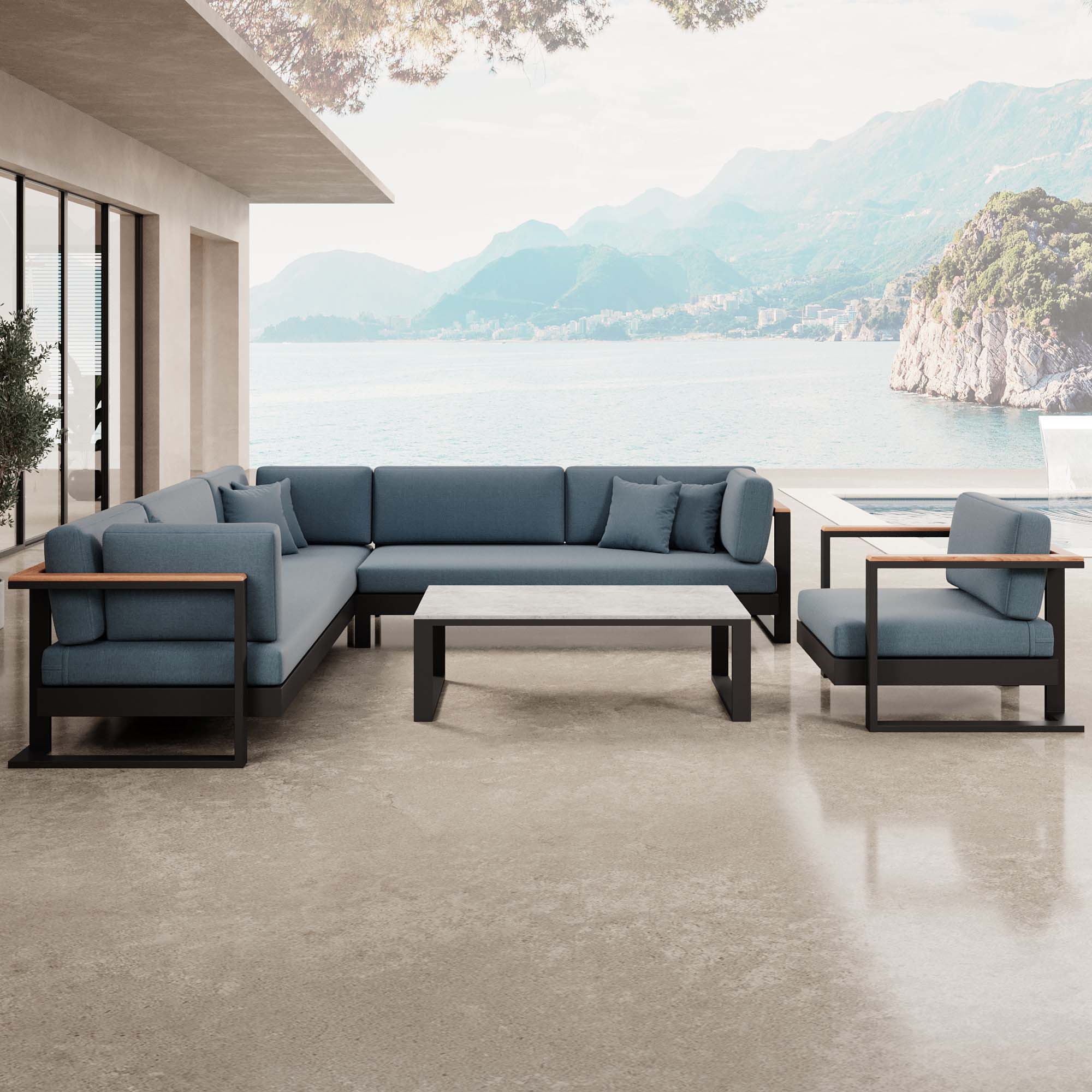 Vayla – Loungegruppe mit Ecksofa, Loungesessel & Tisch aus schwarzem Aluminium | Aevora™ Kollektion