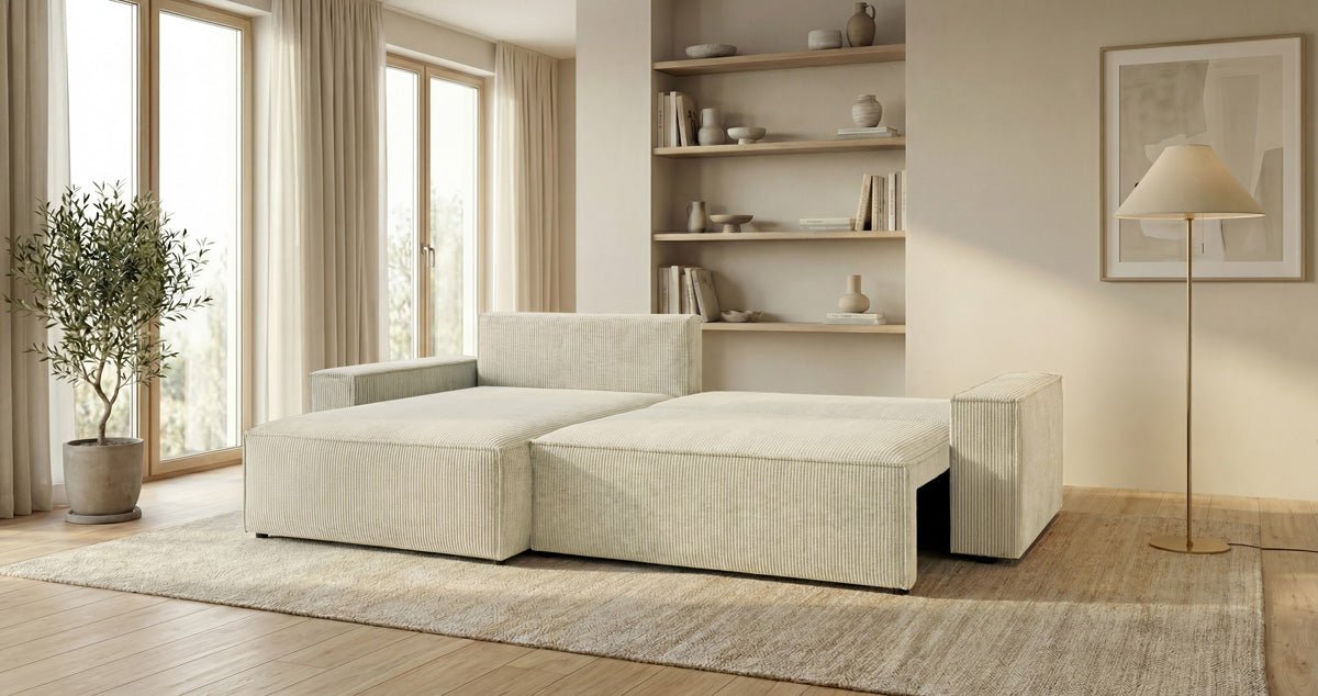 Designer Sofa Vienna mit Schlaf- und Klappfunktion in Cord