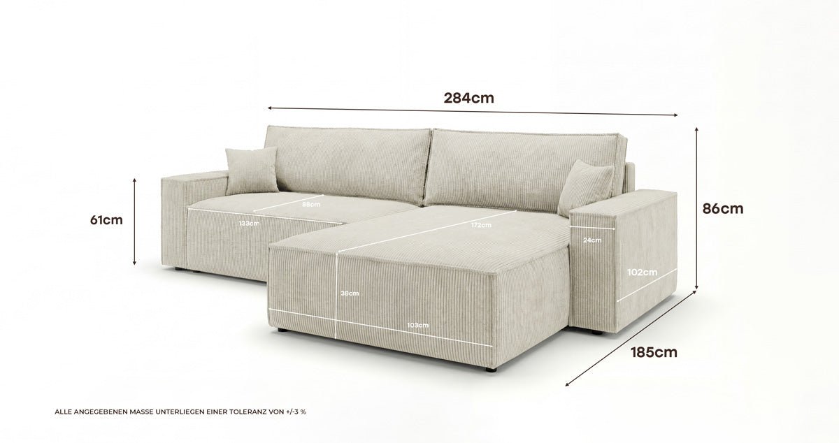 Designer Sofa Vienna mit Schlaf- und Klappfunktion in Cord