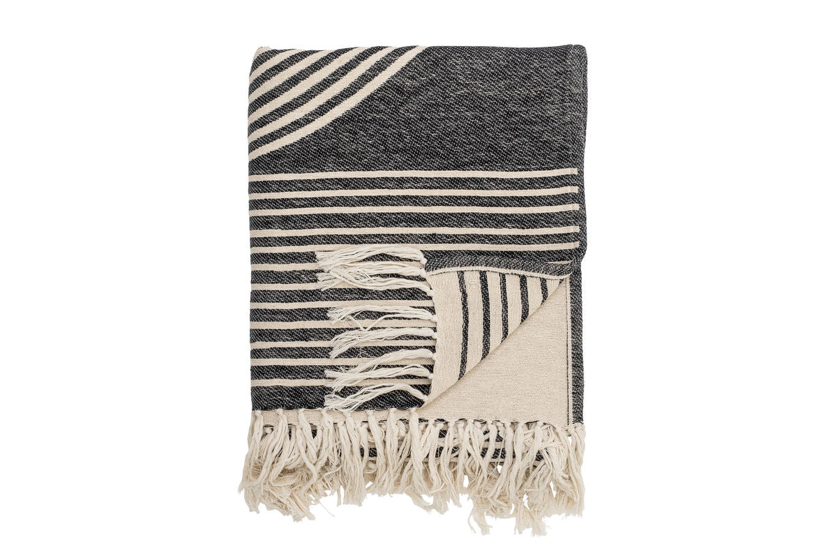 Tagesdecke Naro – Gewebtes Muster in Schwarz mit Fransen