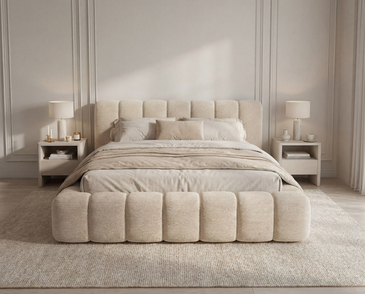 Designer Polsterbett Como in Cord mit Stauraum – Beige