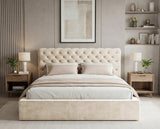 Designer Polsterbett Enzo in Samt mit Stauraum – Beige