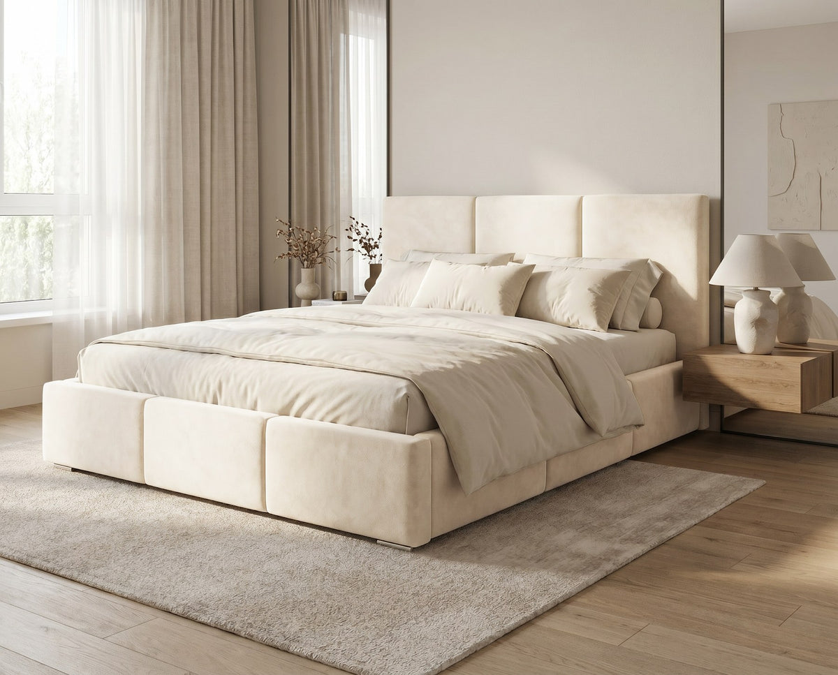 Designer Polsterbett Miro in Samt mit Stauraum – Beige