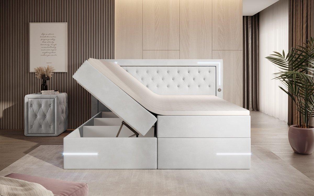 Boxspringbett Carlotta mit LED, Stauraum und USB (Samt) - Luxusbetten24