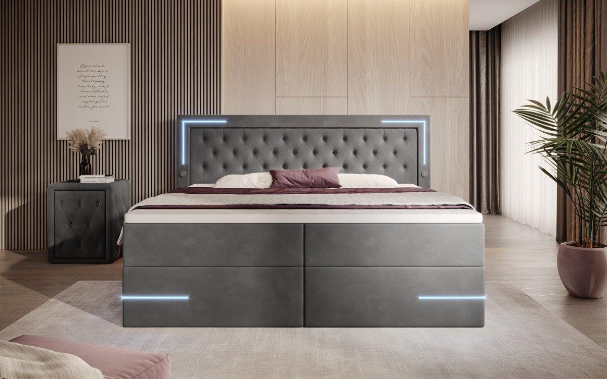 Boxspringbett Carlotta mit LED, Stauraum und USB (Samt) - Luxusbetten24