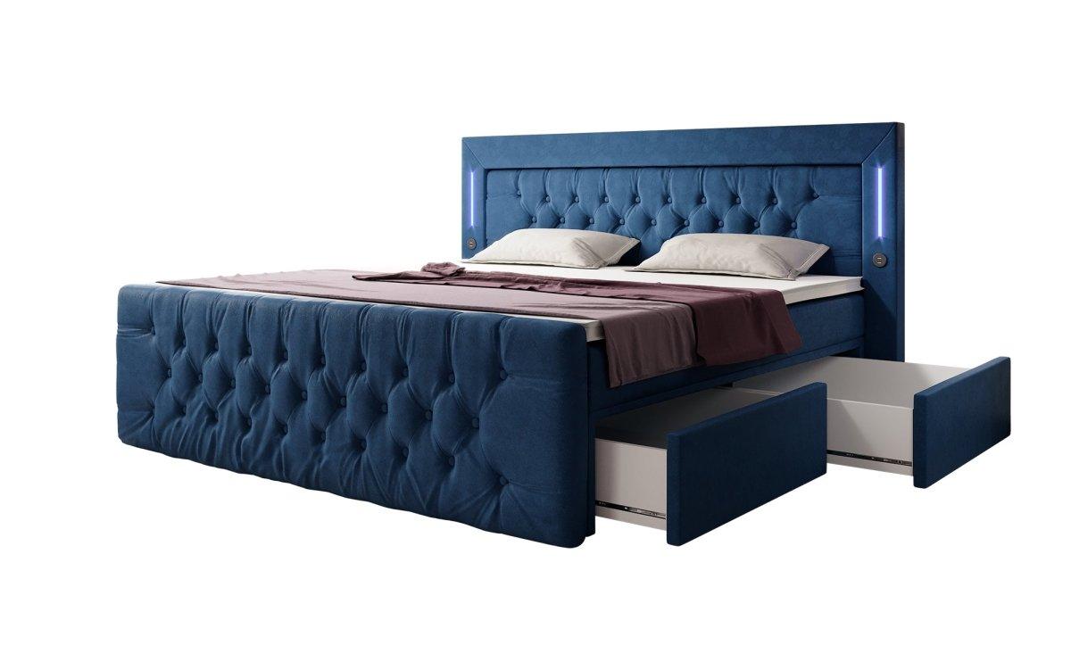 Boxspringbett Charme mit LED, USB und Stauraum (4 Schubladen) - Luxusbetten24