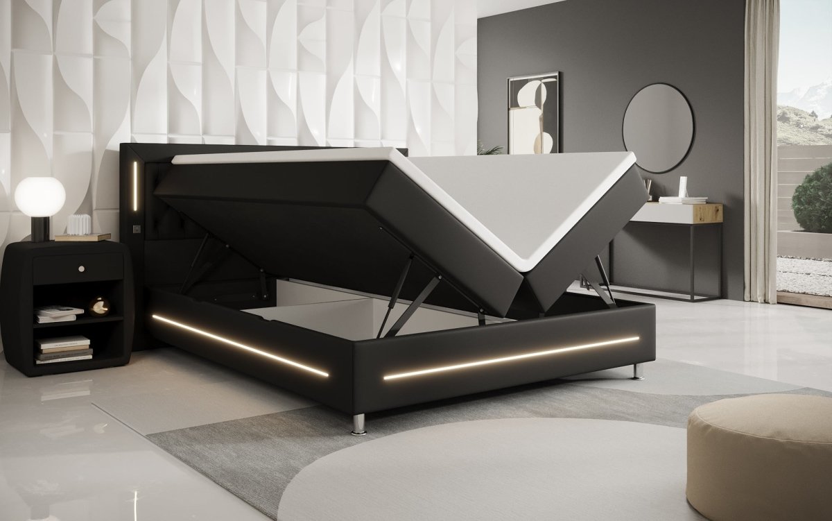 Boxspringbett Verdino mit RGB, USB und Stauraum - Luxusbetten24