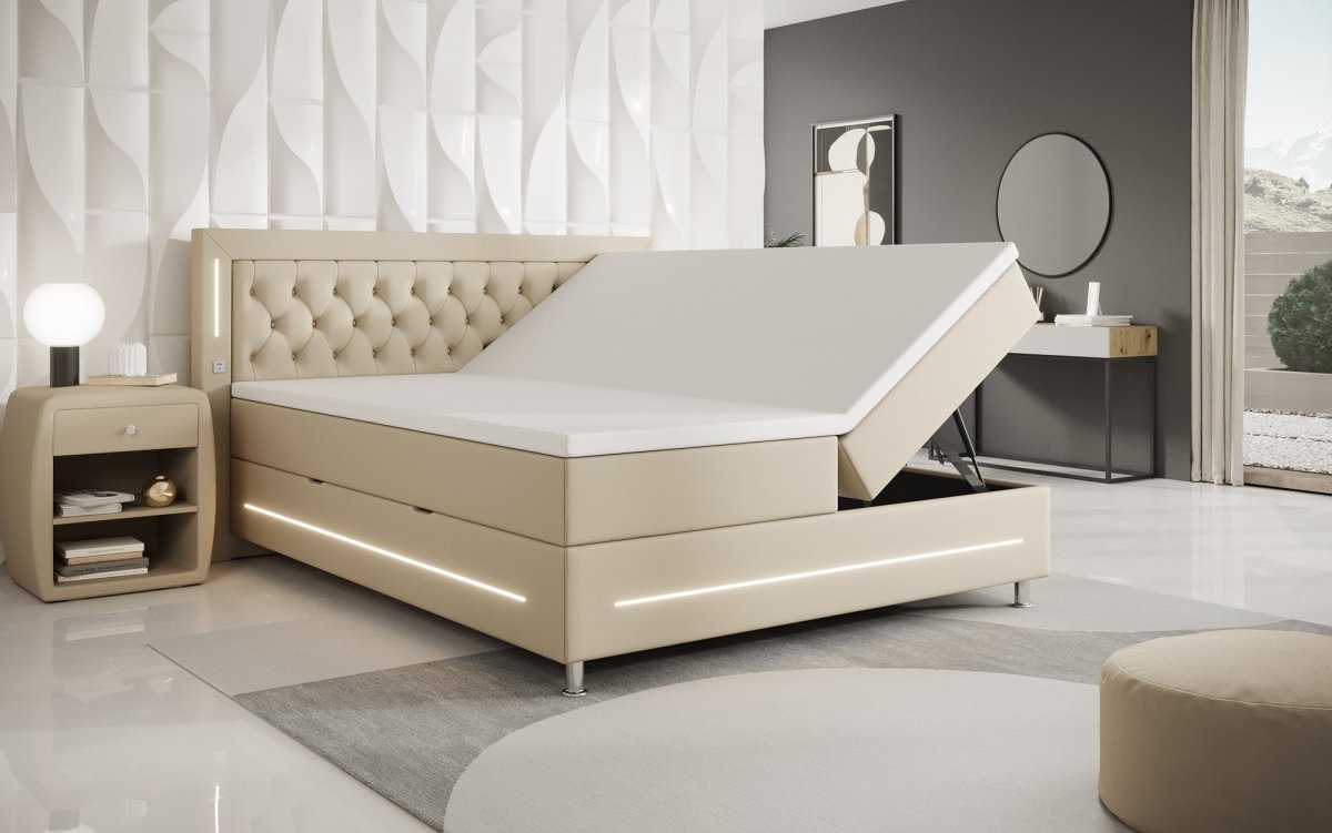 Boxspringbett Verdino mit RGB, USB und Stauraum - Luxusbetten24