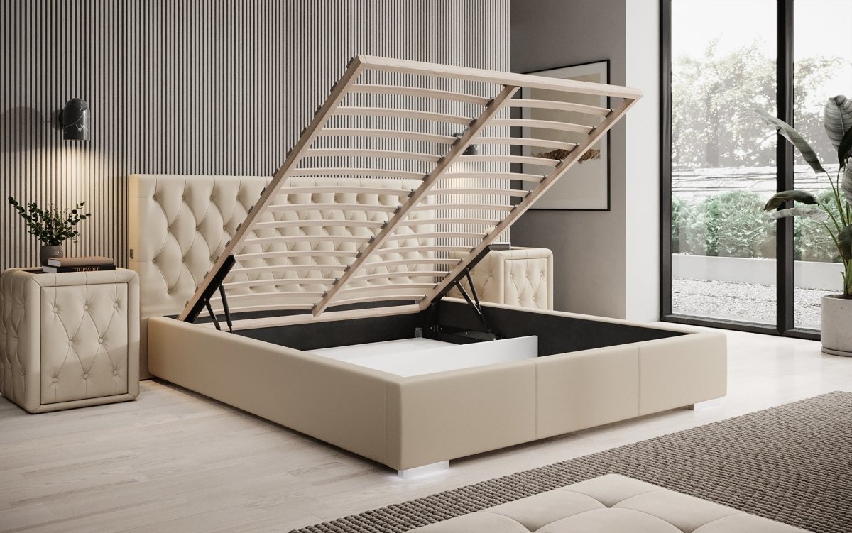 Designer Polsterbett Porto inkl. LED Füßen, USB und Stauraum - Luxusbetten24