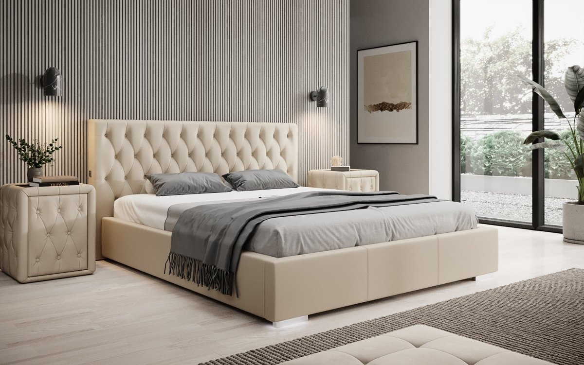 Designer Polsterbett Porto inkl. LED Füßen, USB und Stauraum - Luxusbetten24