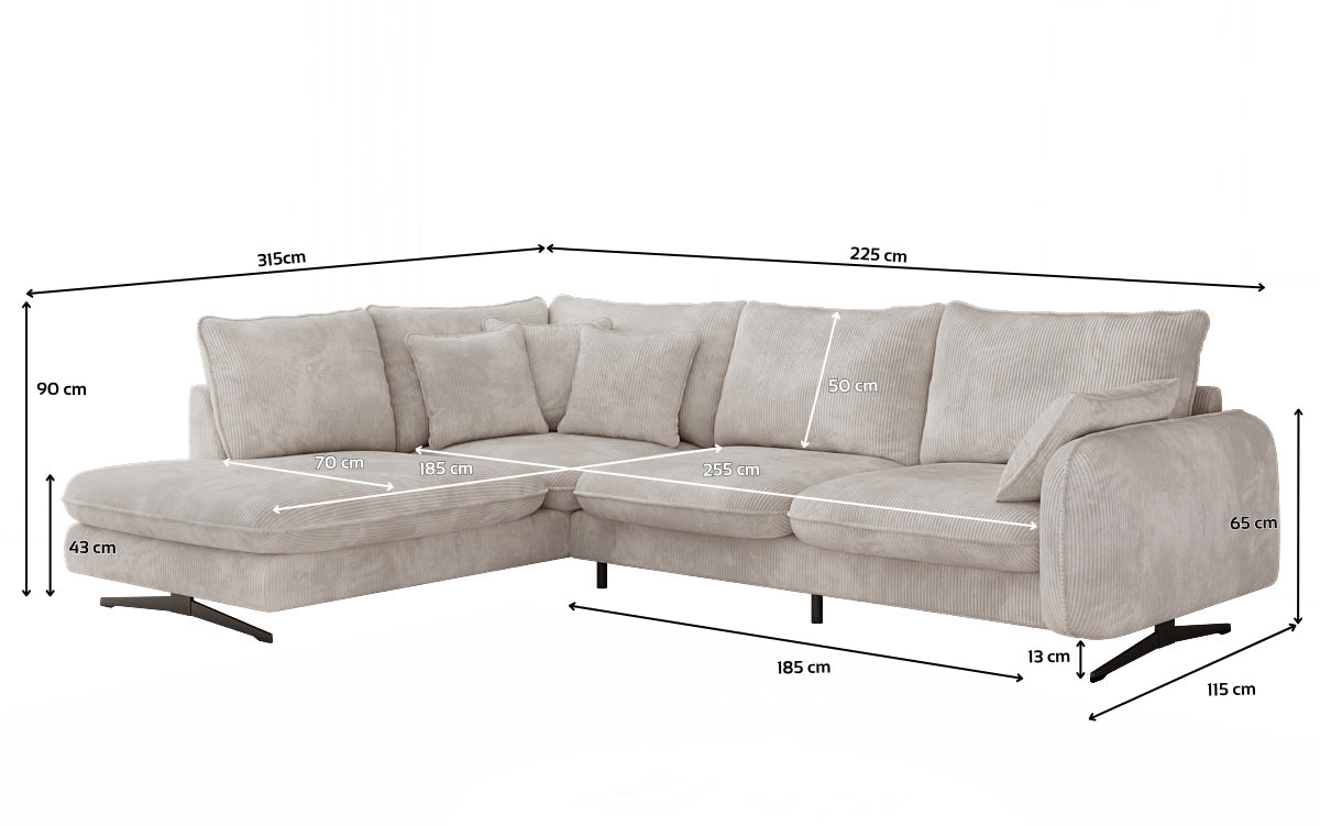 Designer corner sofa Laguna with metal feet in Corduroy