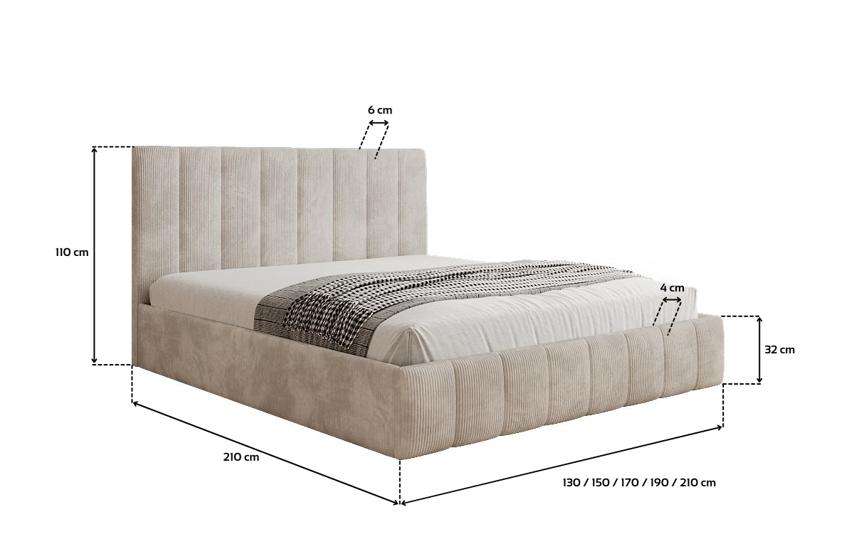 Designer upholstered bed Mila in Corduroy with storage