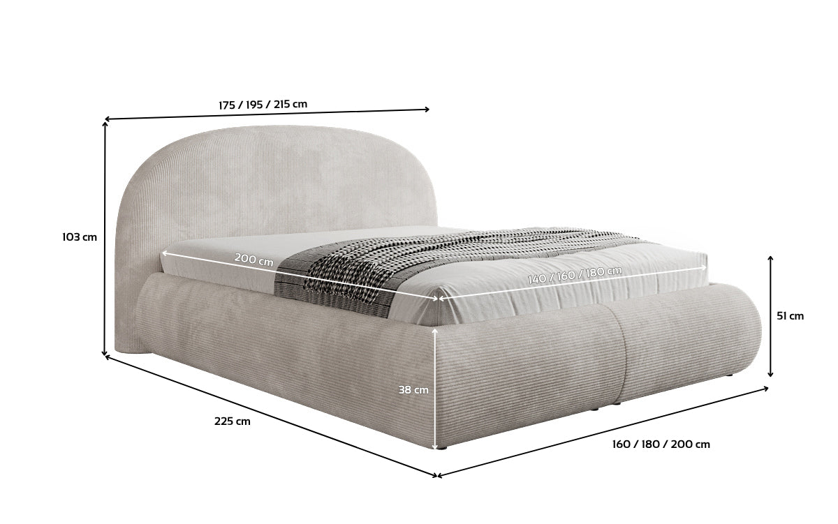 Designer upholstered bed Loop in Corduroy with storage space