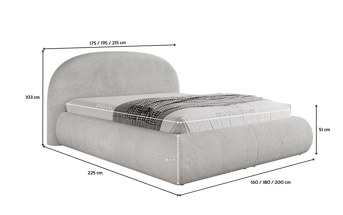 Designer upholstered bed Loop in teddy bouclé with storage space
