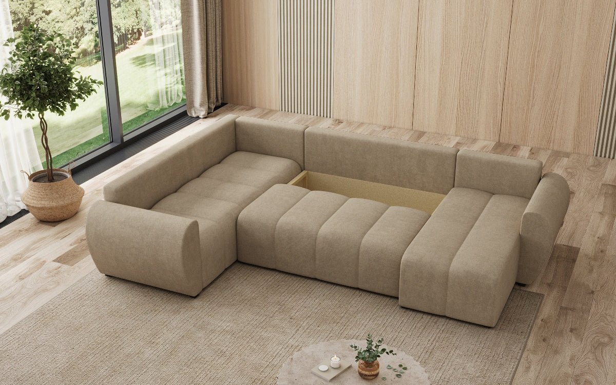 Designer sofa Sorella U with sleeping and folding function in fabric