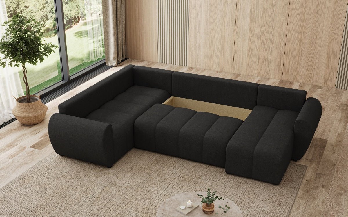 Designer sofa Sorella U with sleeping and folding function in fabric