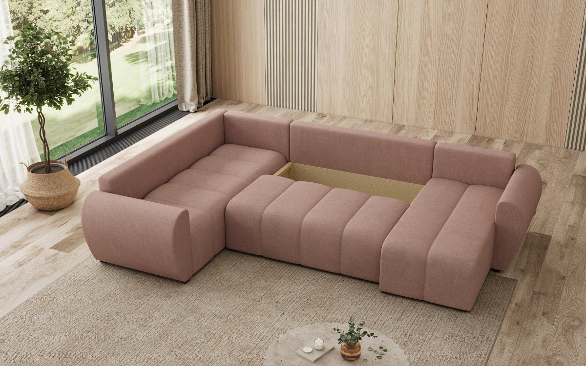 Designer sofa Sorella U with sleeping and folding function in fabric