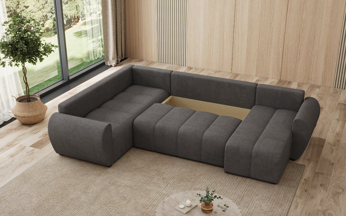 Designer sofa Sorella U with sleeping and folding function in fabric