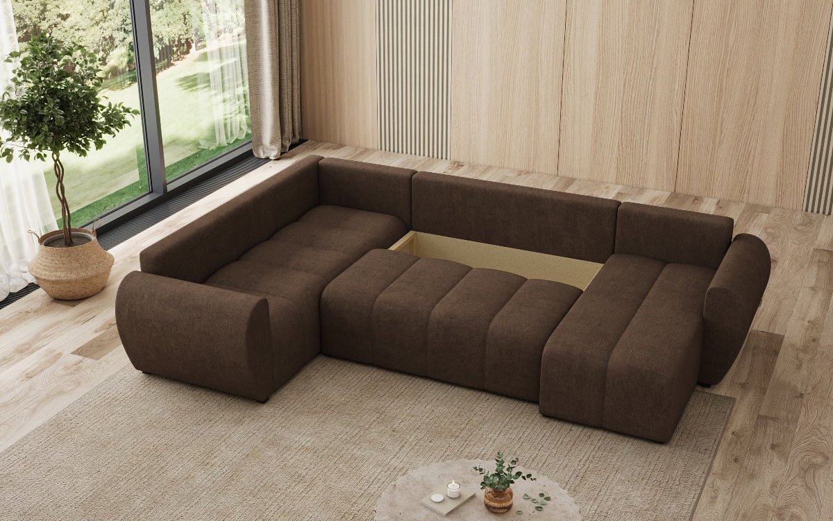 Designer sofa Sorella U with sleeping and folding function in fabric