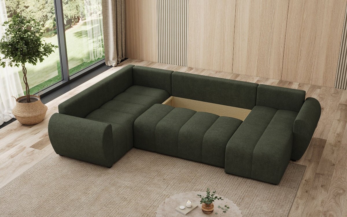 Designer sofa Sorella U with sleeping and folding function in fabric