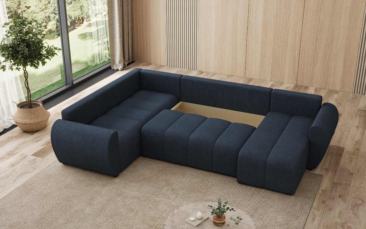 Designer sofa Sorella U with sleeping and folding function in fabric