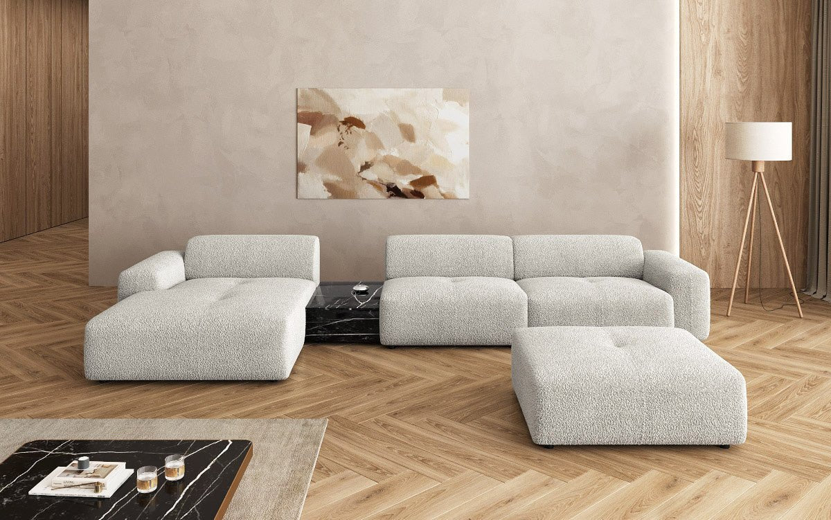 Designer Sofa Calm L with Side Ottoman and Side Table in Bouclé
