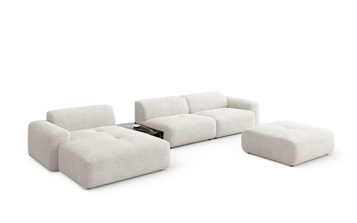Designer Sofa Calm L with Side Ottoman and Side Table in Bouclé