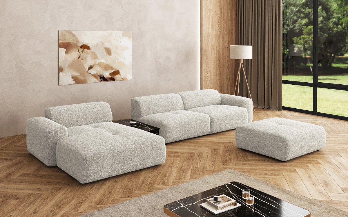 Designer Sofa Calm L with Side Ottoman and Side Table in Bouclé