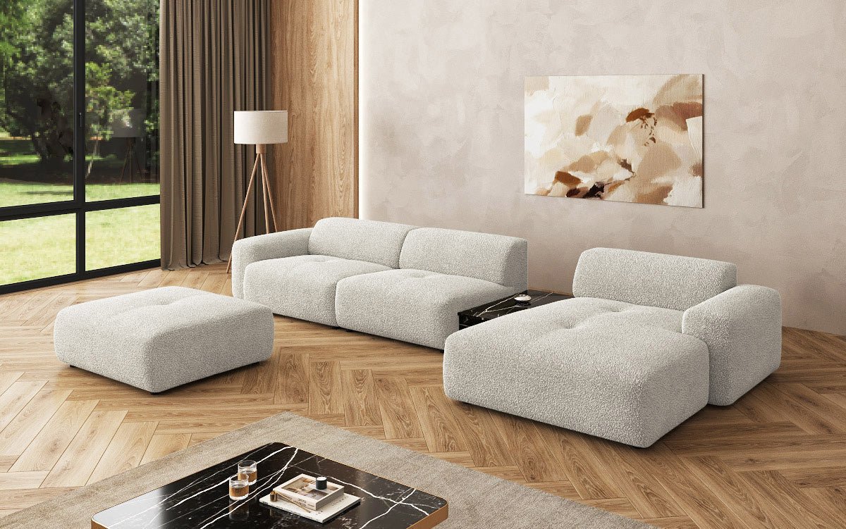 Designer Sofa Calm L with Side Ottoman and Side Table in Bouclé