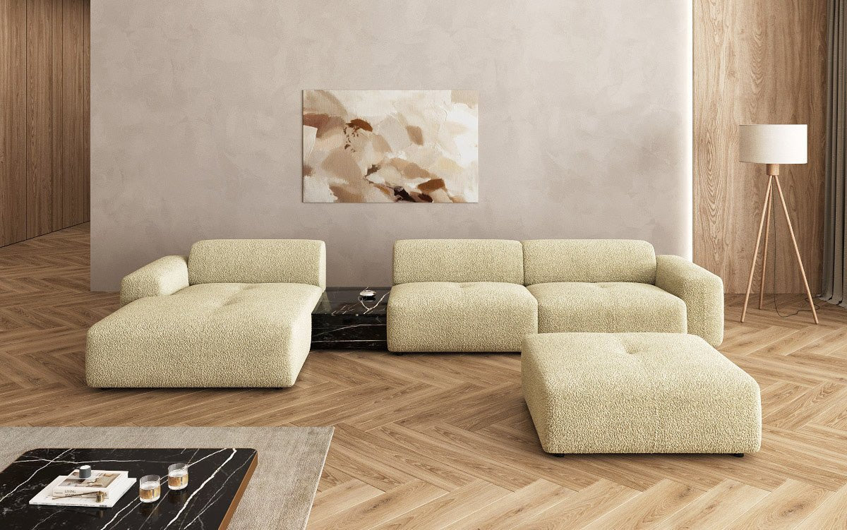 Designer Sofa Calm L with Side Ottoman and Side Table in Bouclé